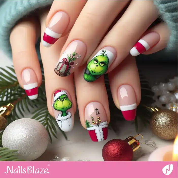 Triple-tip French Manicure with Grinch Design for Christmas | Cartoon Nails - NB2015